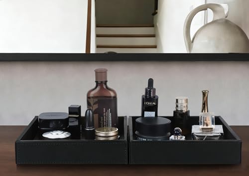 HofferRuffer Faux Leather Vanity Tray, Elegant Desktop Storage Organizer, Decorative Catchall for Perfume, Bathroom Valet, Nightstand or Dresser, 8 x 8 x 1.8 inches (Black) - color: Black, size: 8" x 8" x 1.8"