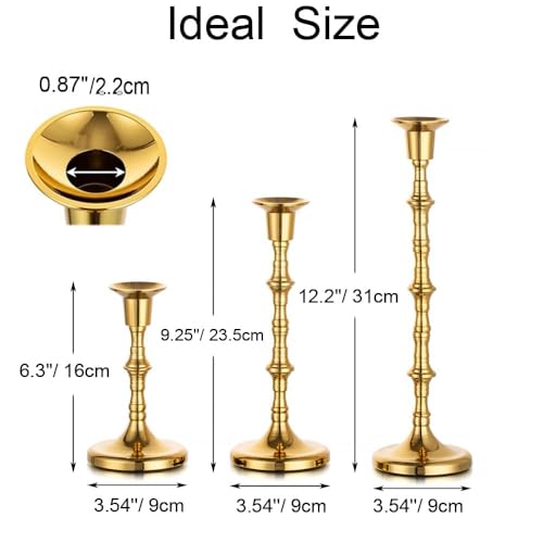 Brass Candlestick Holders Vintage: Tall Gold Taper Candle Holder Antique Candle Stick Holders for Christmas Wedding Centerpieve Living Room Mantle Home Decor Bridal Shower Set of 3 - size: 1 Set(3 Pcs)