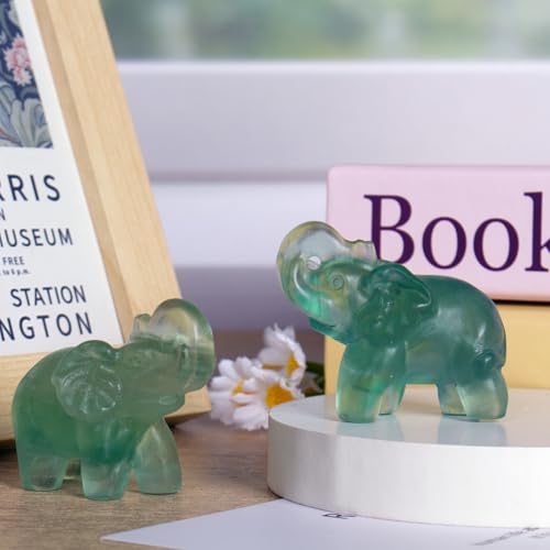 2 Inch Fluorite Crystal Elephant Sculpture Handcrafted Healing Stone Animal Figurine Spiritual Home Decor Lucky Charm Gift for Wealth Success Positive Energy and Meditation Lovers - color: Green Fluorite Elephant-02