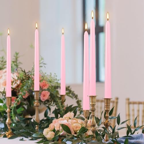 YOROXRG 24 Pack Pink Taper Candles, 7-8 Hours Burn Time, Unscented, Smokeless and Dripless, 0.75 x 10 Inch Dinner Candle Set for Valentine's Day,Household, Wedding, Party and Home Décor Candlesticks - color: Pink-24