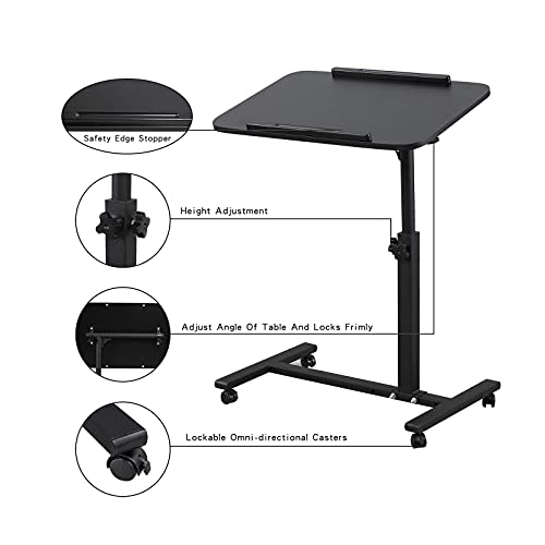 Bed Desk Adjustable Overbed Bedside Table Rolling Laptop Tray Desk Cart Height Portable Mobile Sit Stand Table Tilting Hospital Bed with Wheels - color: Black