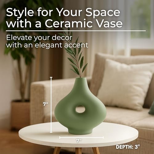 Modern Ceramic Vase with Open Cut-Out Design for Living Room Decor - Decortive Flower Vase for Home Accents, Bedroom, or Office Decor - Ideal for House and Entryway Table Display - 7", Green - color: Green, size: 7.0" H