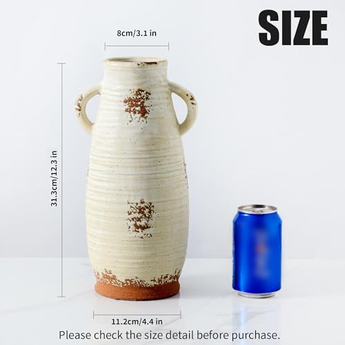 Ceramic Flower Vase with Handles, 12.3 Inch Tall Vase for Centerpieces, Large Decorative Terracotta Vases, Farmhouse Rustic Vases for Home Decor, Living Room, Table, Neutral - color: 203-3-12in