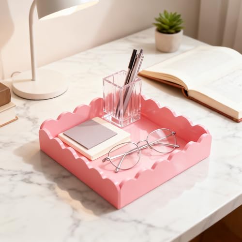 Acrylic Tray, Scalloped Glossy Pink Acrylic Decorative Tray for Home Decor, 8x8 Inch Acrylic Organizer Tray for Vanity Countertop Makeup Skincare Square Acrylic Storage Tray (Square Pink)