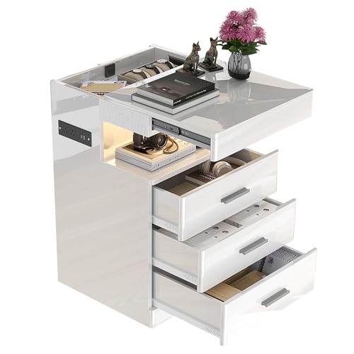 Treocho Led Nightstand with Hidden Space, Modern Night Stand with Charging Station, 3 Drawer Smart Nightstand with Glossy Finish, Tall Bedside Table with RGB Lights for Bedroom, White - color: White
