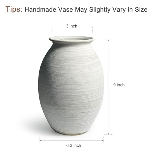 Textured Matte White Rustic Bulbous Ceramic Vase 9 Inch Handmade Pottery, Waterproof for Fresh & Dried Flowers, Farmhouse Neutral Home Decor Centerpiece for Living Room, Kitchen, Mantel, Shelf