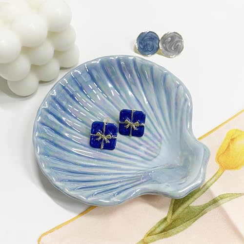 Shell Jewelry Dish Tray for Women, Ceramic Seashell Jewelry Ring Holder Dish, Jewelry Plate Trinket Dish for Necklace, Earring, Ring, Mother's Day Christmas Gift, 3.9", Sky Blue Iridescent Surface - color: Sky Blue