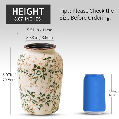 Vintage Pastoral Green Round Ceramic Vase 7.8”, Ice Crack Chinoiserie Floral Vase, Rustic Decor for Living Room, Bookshelf, Office, Table Centerpiece - color: 09-green and Beige