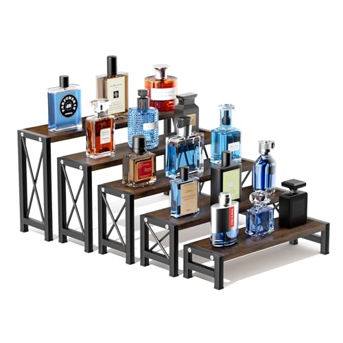 Stackable Wooden Cologne Organizer for Men, 5-Tier Tray Risers Display Makeup Perfume Organizer for Women, Wood Cupcake Stand, Buffet Shelf, Dessert Food Risers, Figure Collectible Stand