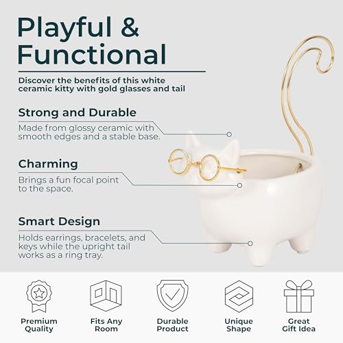 Ceramic Jewelry Dish & Trinket Tray – Ring Dish and Catchall for Everyday Accessories, Vanity or Nightstand Display – Cat Silhouette Decorative Tray Accent, Home Decor – 6", White & Gold - size: 6.0" H