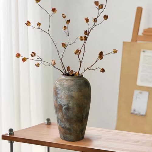 12 Inch Vintage Farmhouse Decor Ceramic Rustic Vase, Handmade Brown Flower Vases for Centerpieces, Living Room & Kitchen Shelf Decorative Pottery Vase for Home Decor - color: Brown, size: Small