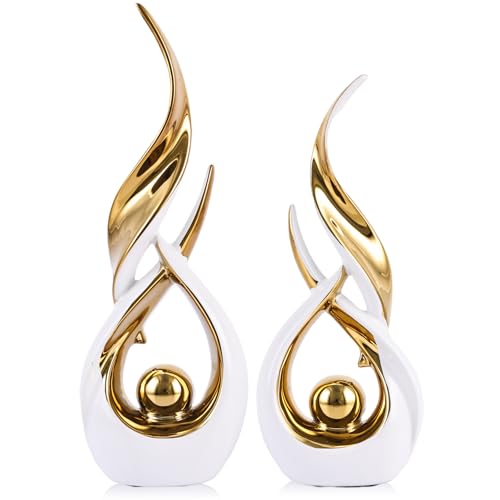 Gold Ceramic Abstract 2 Piece Statue Set,Mid Century Modern Abstract Art Home Decor Statue Mantelpiece on Unique Shelf Decor, TV Cabinet Divider Table top and Dining Table Centerpiece (White Gold) - color: White Gold