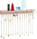 YYILIS Necklace Holder, Upgraded Extra Large Wall Necklace Organizer with 30 Hooks Wall Mounted Necklace Hanger with Jewelry Tray/Cosmetics Shelf Rustic Pine Wood Holder (Pink) - color: Pink