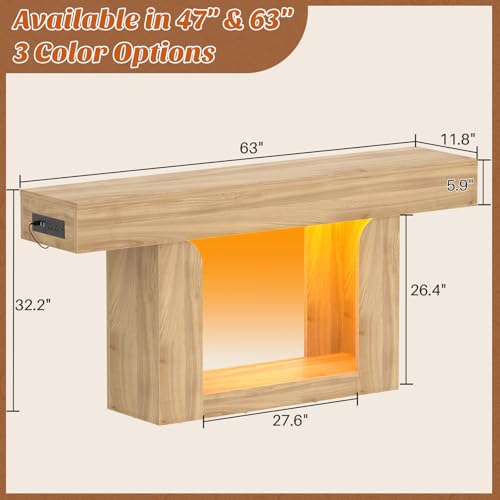 Homieasy Console Table, 63" Entryway Table with LED Lights & Charging Station, Farmhouse Wooden Sofa Table Behind Couch, Narrow Hallway Table for Living Room, Foyer, Entry, Natural Oak - color: Natural Oak, size: 63"