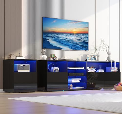 jiteentarou 79IN LED TV Stand for 75/80/85inch TV,High Glossy Modern TV Stand for Living Room,TV Entertainment Center with Adjustable Storage Shelf,RGB LED Lighting,TV Console(Black) - color: Black