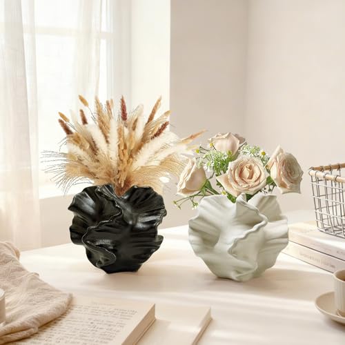 Ceramic Vase, Set of 2 Black & White Vases for Home Decoration, Flower Vase Minimalist Nordic Boho Style for Modern Farmhouse Decor, Living Room; Kitchen; Bedroom; Coffee Table; Office etc - color: 2 Small Ceramic Vases