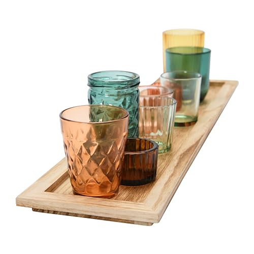 Creative Co-Op Round Glass Votive Holders on Wood Tray, Yellows & Greens, Set of 9 - color: Yellow/Green