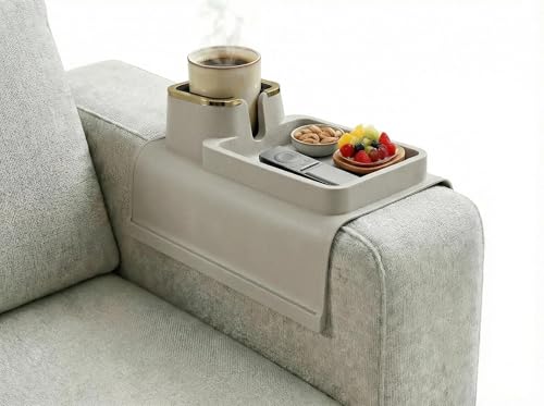 Luxury Gold Trim Couch Cup Holder Tray - Weighted Silicone Anti-Spill Sofa Armrest Organizer, Non-Slip Recliner Tray Table for Drinks, Remote, Phone - Fits Most Couch Arms, Home Gift (Beige Grey) - color: Beige Grey