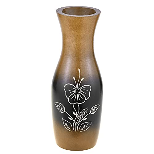 AeraVida 8-Inch Hand Carved Hibiscus Mango Wood Vase | Decorative Brown Bottle-Shaped Wooden Flower Vase for Living Room or Tabletop | Farmhouse Rustic Home Decor