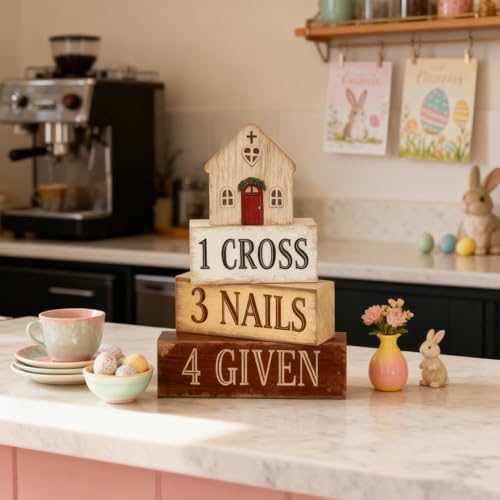 Easter Decorations - Christian Easter Tiered Tray Decor - 1 Cross 3 Nails 4 Given Wooden Tabletop Sign - Religious Farmhouse Easter Home Decor for Shelf Mantel Indoor - Spring Home Decor for Living Room, Kitchen Counter - style: Cross