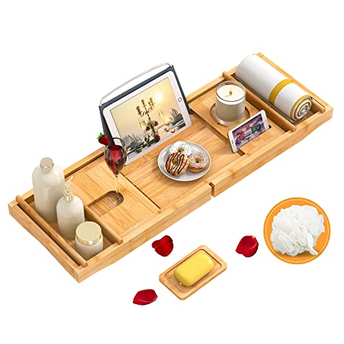 Domax Bathtub Caddy Tray Expandable Bamboo Tub Tray for Luxury Bath with Book Holder and Free Soap Dish Yellow - color: Yellow