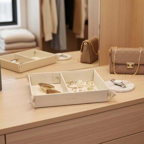 UnionBasic Medium Valet Tray, Jewelry Tray for Rings Watches Earrings, Entryway Catchall Caddy for Coins Keys Change, Nightstand Bedside Valet Holder, Trays for Electronic Gadgets, Beige Plus - color: Beige, size: 9.5" x 7.9" x 2"