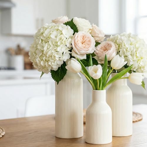 3-Piece Glossy Beige Ceramic Vase Set with Vertical Lines, Minimalist Solid Color Design, Decorative Vases for Shelf, Mantel & Tabletop, Assorted Sizes (9.8"/7.8"/5.9" H) - color: Glossy Beige