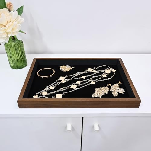 MOOCA 2 Pcs Wooden Jewelry Display Tray, Presentation Tray, Organizer for Rings, Necklaces, Earrings, and Accessories, Walnut Color with Black Suede, 14" W x 9.6" D x 1.2" H - color: 1 Compartment, Walnut/Black