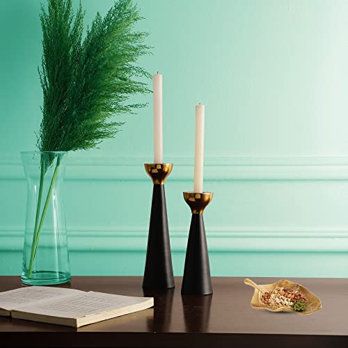Rely+ Black & Gold Taper Candle Holders Set of 2 – Modern Metal Candlestick Holders for Dining Table Centerpiece, Home Décor, Wedding & Party Decorations
