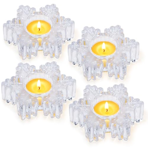 Snowflake Tealight Holders Set of 4 – Clear Glass Votive Candle Holders for Table Decor, Winter Wedding Centerpiece, Christmas Party Supplies