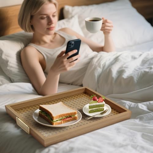 Rattan Woven mesh Surface Wood Serving Tray with Metal Handles, Decorative Tray Service Tray，Modern Boho Design,2-piece Food and Beverage Tray, Coffee Table, Breakfast, Kitchen, Party (Large+Small) - color: Rattan Weaving/Large+small