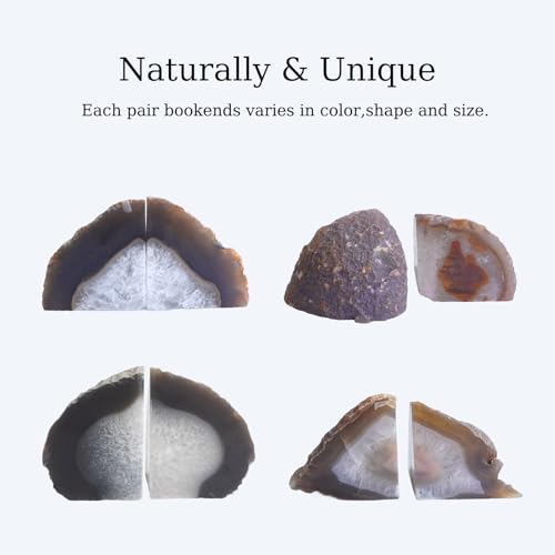 Natural Agate Geode Bookends - 2 to 3 lb Heavy Duty Rock Crystal Stone Book Ends for Shelves, with Rubber Bumpers, Decorative Book Holders for Home Office - color: Natural, size: 2-3 Lbs