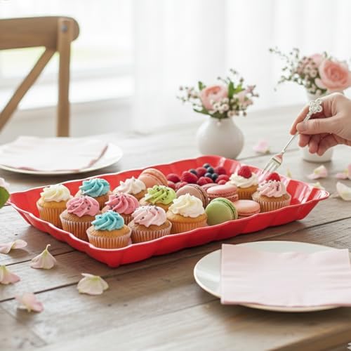 6 Pack Red Plastic Serving Trays for Party, 9 x 13 Inch - Heavy Duty Plastic Trays for Food - Rectangular Party Serving Trays and Platters - Red Disposable Trays - color: Red