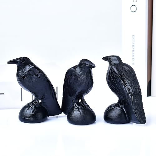 Black Obsidian Raven Statue 3.15" Large Crow Statue Figurine Healing Crystal Stone Sculpture Reiki Meditation Gothic Home Decor Gift