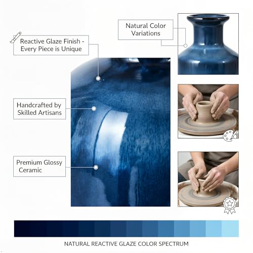 Mowtanco Blue Ceramic Vase Set of 3 Small Vases, Modern Farmhouse for Home Decor Bottles, Rustic Terracotta Vase Decorative Vases for Table,Fireplaces Decor, Bookshelf, Living Room