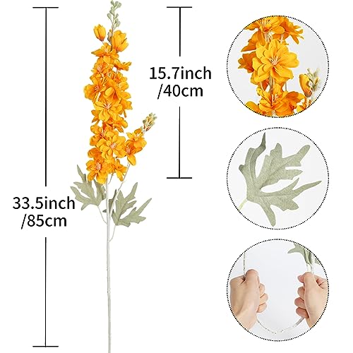 8pcs Delphinium Artificial Flowers 33.5in Long Stem Larkspur Fake Silk Flowers for Tall Vase Faux Flowers for Home Wedding Baby Shower Floral Arrangement Centerpiece Table Decorations (Orange) - color: Orange