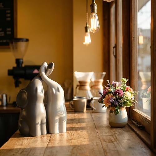 QINJIEJIE Elephant Statue Elephant Figurines Loving Gifts for Women Couples Ivory Wedding Anniversary Modern Ceramic Elephants Sculpture Lucky Elephants Ornament in Love - color: Beige & Grey