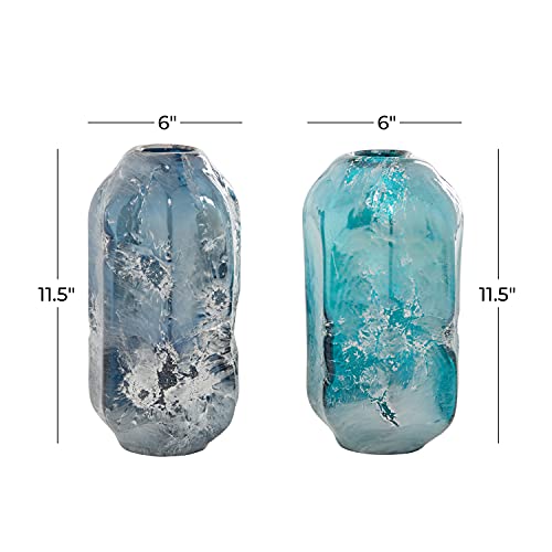 Deco 79 Glass Handmade Decorative Vase Blown Centerpiece Vases, Set of 2 Flower Vases for Home Decoration 12", 11"H, Blue