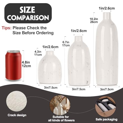 White Ceramic Vase Set of 3, Farmhouse Vases for Home Decor, Rustic Flower Vases for Living Room, Shelf, Kitchen, Mantel, Bedroom, Coffee Table, Office, Bathroom, Entryway Table Centerpiece Decor - color: White