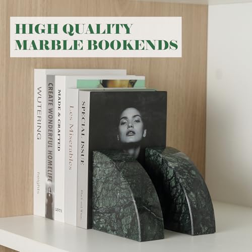 Karibiber Marble Bookend for Shelves, Non-Skid Bookends for Heavy Books, Heavy Duty Book Stopper for CDs, Luxury Book Shelf Holder, Quarter Circle Design Book Ends Decorative, Indian Green, Set of 2 - color: Indian Green