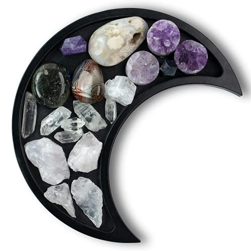 Black Moon Crystal Display Tray - Gothic Wooden Altar Tray 10.5" x 5" for Crystals and Stones Storage - Solid Wood Jewelry Organizer Dish - Spiritual Decor - color: Black