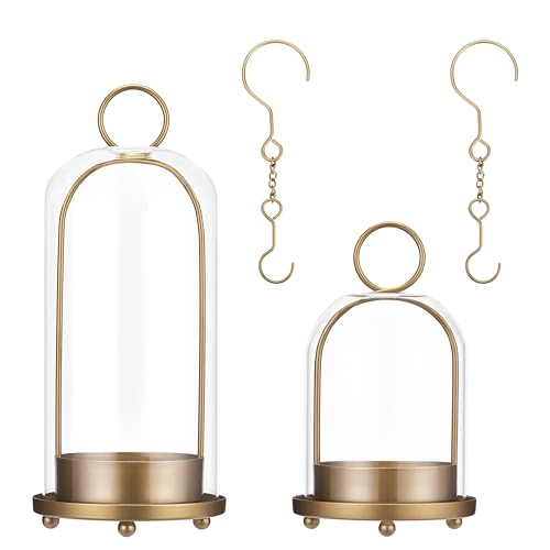Hurricane Candle Holders Set of 2, 5" & 4" Metal and Glass Candle Lantern with Clear Dome for Pillar Candle, Wedding & Christmas Table Centerpiece, Farmhouse Home Decor (Brass, Large & Small) - color: Brass