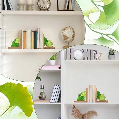 Maitys Ginkgo Leaf Bookends with Oak Wood Base Stained Glass Novelty Bookends Organizer Cute Book Ends for Shelves Desks Libraries Book Lover Gift (Green)