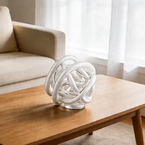 Glass Knot Teal Decor Ball - 5 Inch Hand Blown Infinity Sculpture Orbit Home Decor Table Decoration Interio Art - color: White, size: 5-Inch Diameter