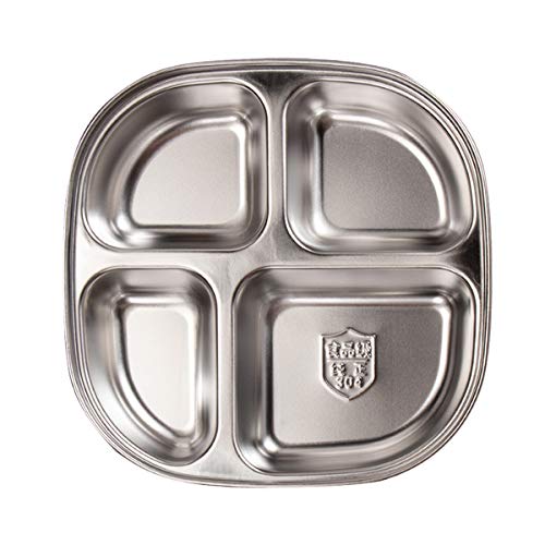 Set of 2 Stainless Steel Dinner Plates 4 Sections Divided Platter Dinner Tray - Lightweight Metal Plate for Adults and Campers, Portion Control Bariatric Weight Loss and Diabetic Diet Plates - size: F4C (4 Sections)