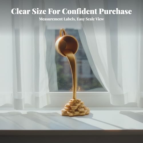 Floating Coffee Cup Mug Sculpture Pouring Spilling Coin Figurine Bedroom Gift Desk Figure Resin Statue for Cabinet Bookshelf, Golden