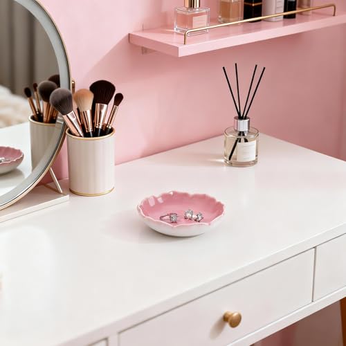 HOME SMILE Ring Jewelry Dish Pastel Pink Ruffled Ceramic |Trinket Tray for Earrings, Necklaces|Mothers Day Birthday Friendship Gifts for Women|Vanity Organizer & Bathroom Decor - color: Pink