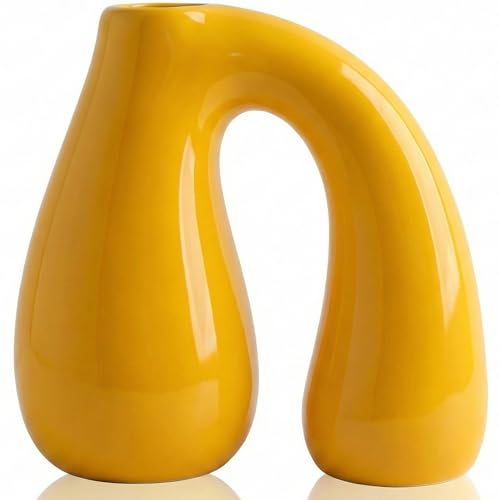 Yellow Ceramic Vase for Modern Home Decor, 7.5" Sculptural U-Shape Pitcher Vase with Arch Handle, Small Aesthetic Flower Vase for Pampas Grass, Dried Flowers, Shelf Entryway Table Decor – PROBENEX - color: Yellow