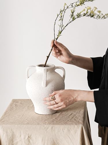 White Ceramic Vase - 8.8 Inch Rustic Farmhouse Centerpieces with Handles for Home Decor, Decorative Flower Vases for Living Room Table, Bathroom, Holiday & Weddings(Rock Sand White) - color: Rock Sand White-8.8"
