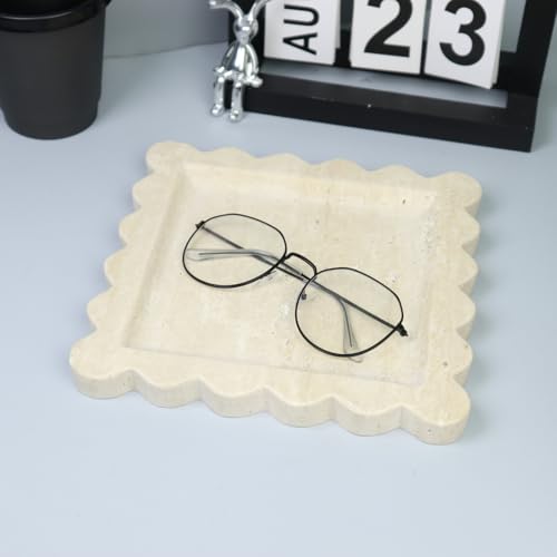 Square Marble Decorative Tray with Scalloped Edge, Luxury Natural Stone Bathroom Vanity Tray, Dresser Top Perfume Coffee Home Kitchen Sink Tray, Key Trinket Ring - color: Beige Travertine